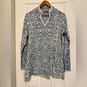 MFH Knit Women’s Sweater Geometric Pattern 100% Pima Cotton Blue & Cream Size XL